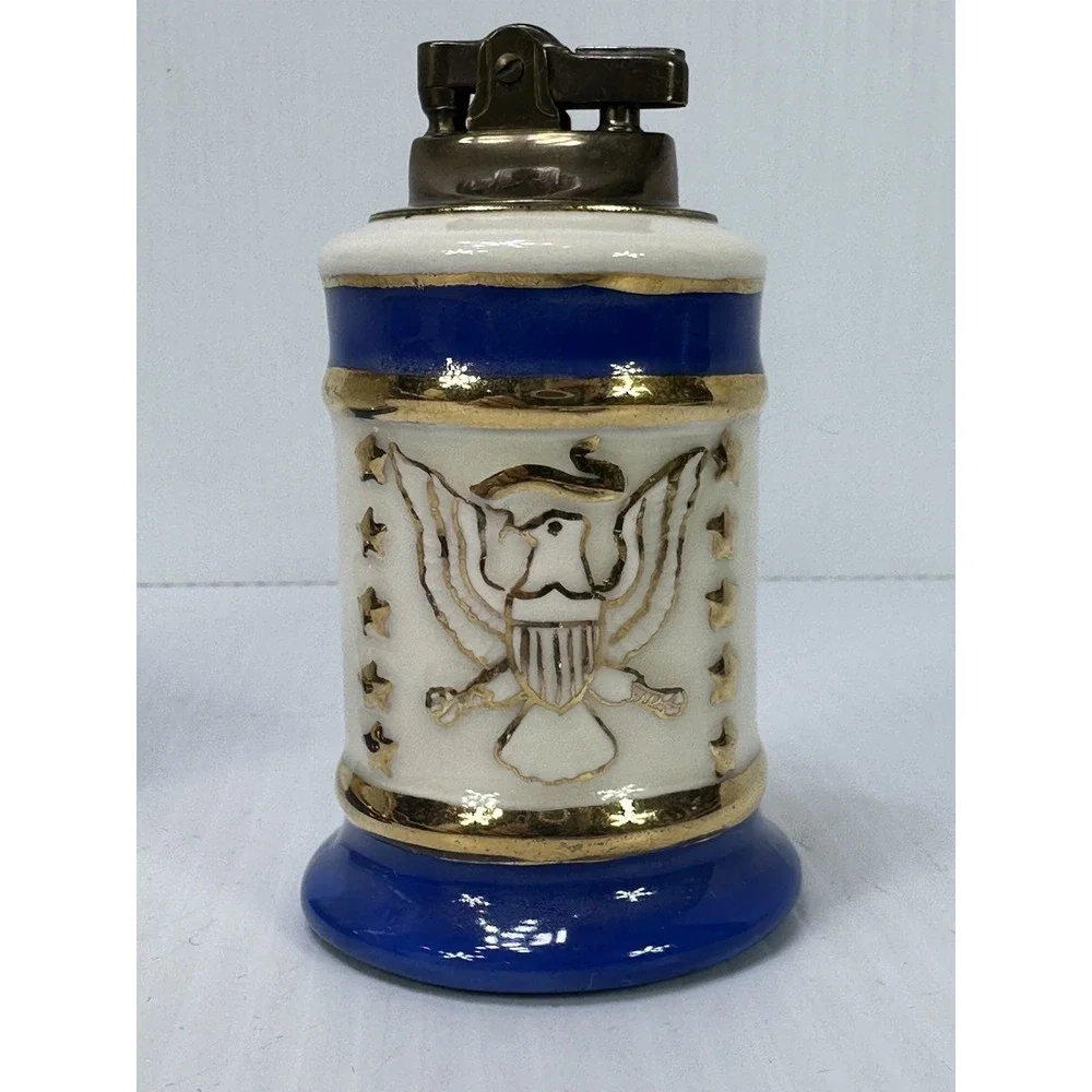 Vintage Tabletop Patriotic Lighter Party Ashtray Set Ceramic Glazed Hand Made